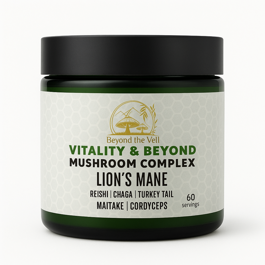 Jar of 'Beyond the Veil' mushroom complex supplement on a white background