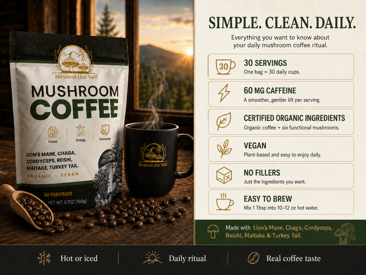 Mushroom coffee package with a steaming mug on a wooden surface, featuring product details.