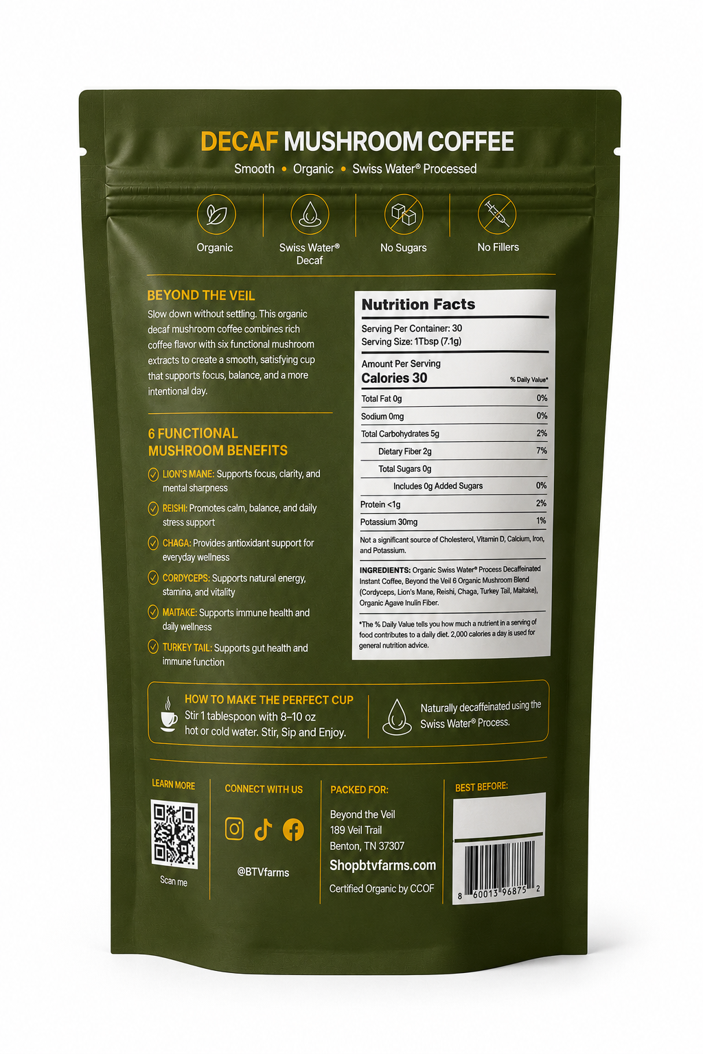 Beyond the Veil Decaf Mushroom Coffee | Swiss Water® Process | 2100 mg Mushroom Extracts