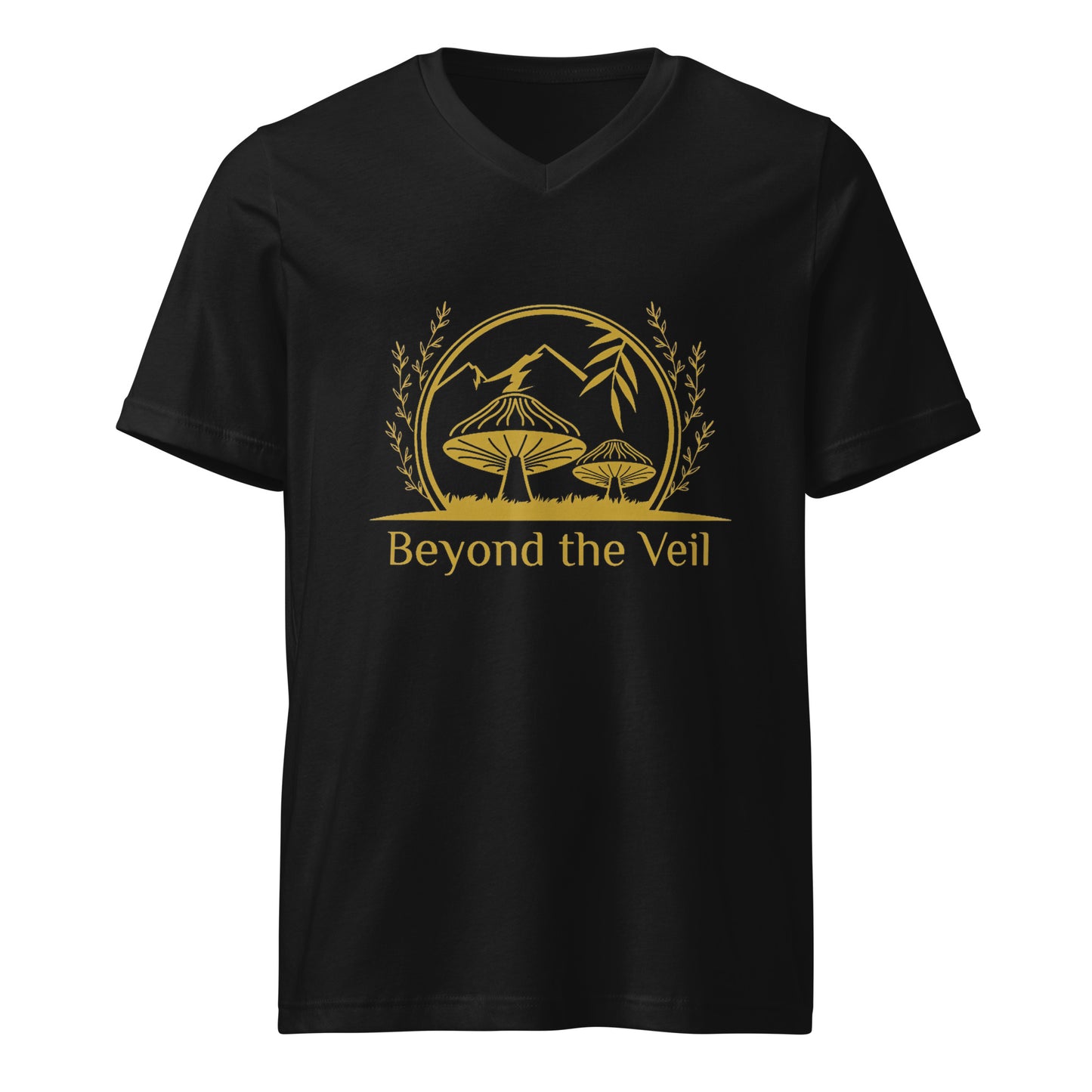 Black t-shirt with gold graphic and 'Beyond the Veil' text on a white background