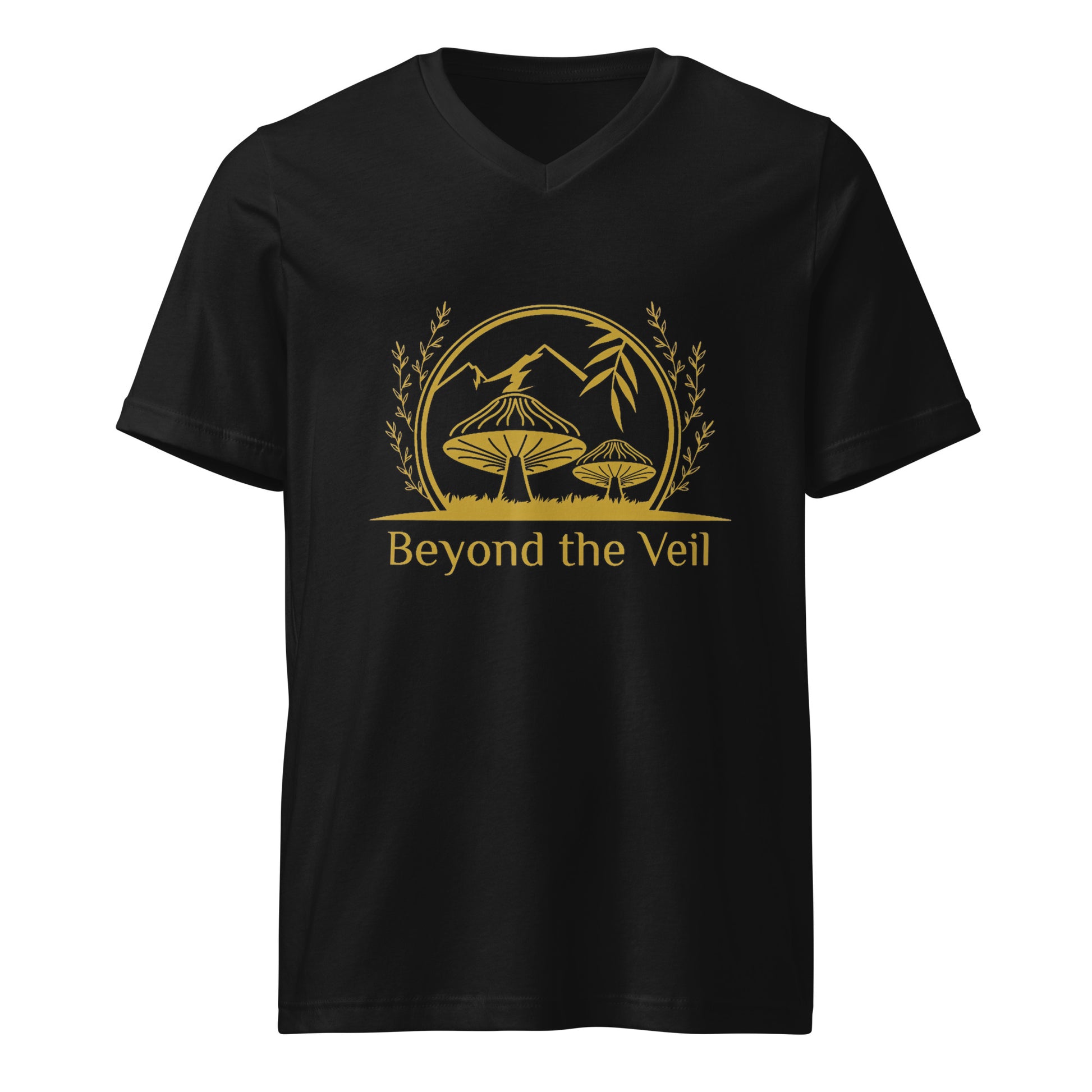 Black t-shirt with gold graphic and 'Beyond the Veil' text on a white background