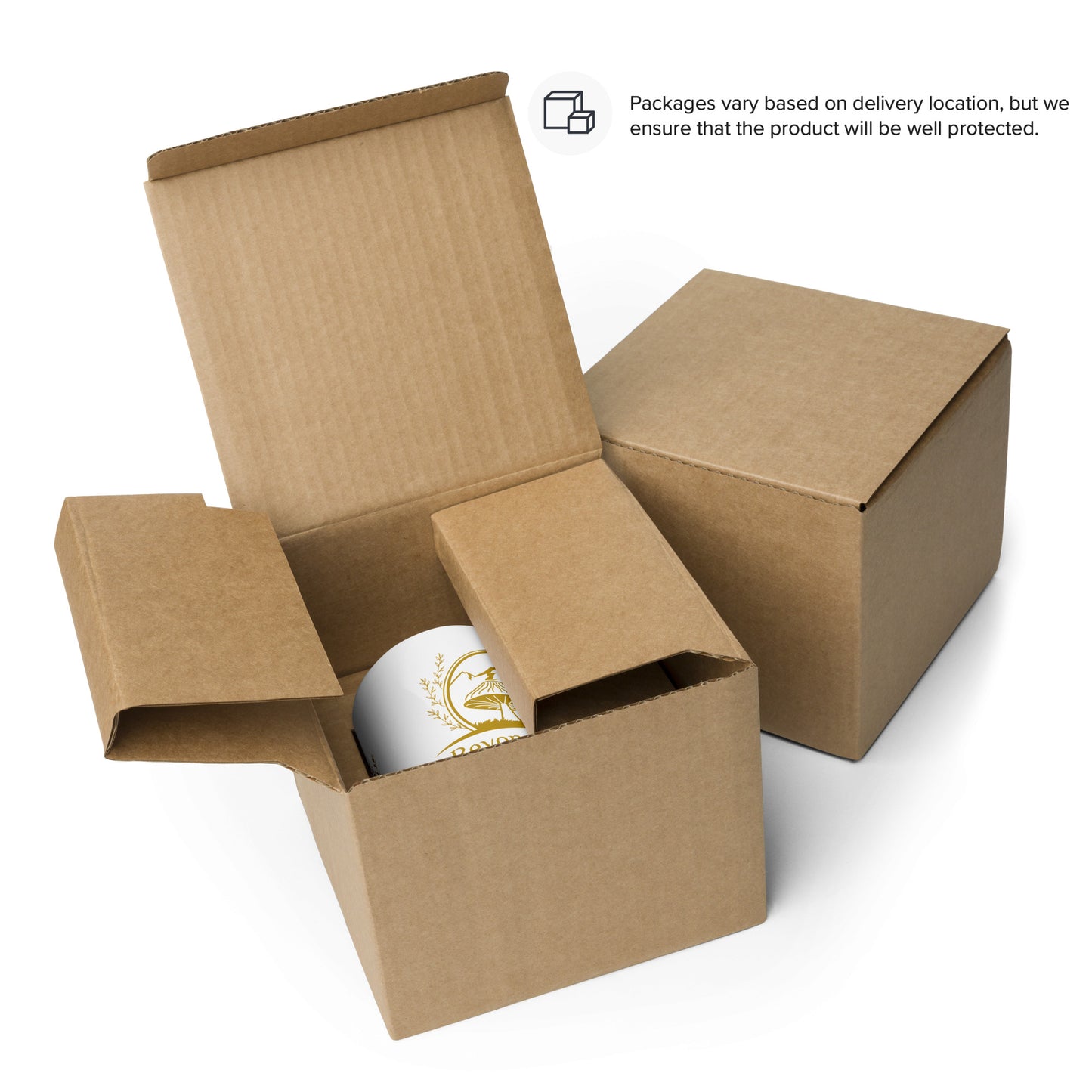 a mug in a cardboard box representing the product's packaging 