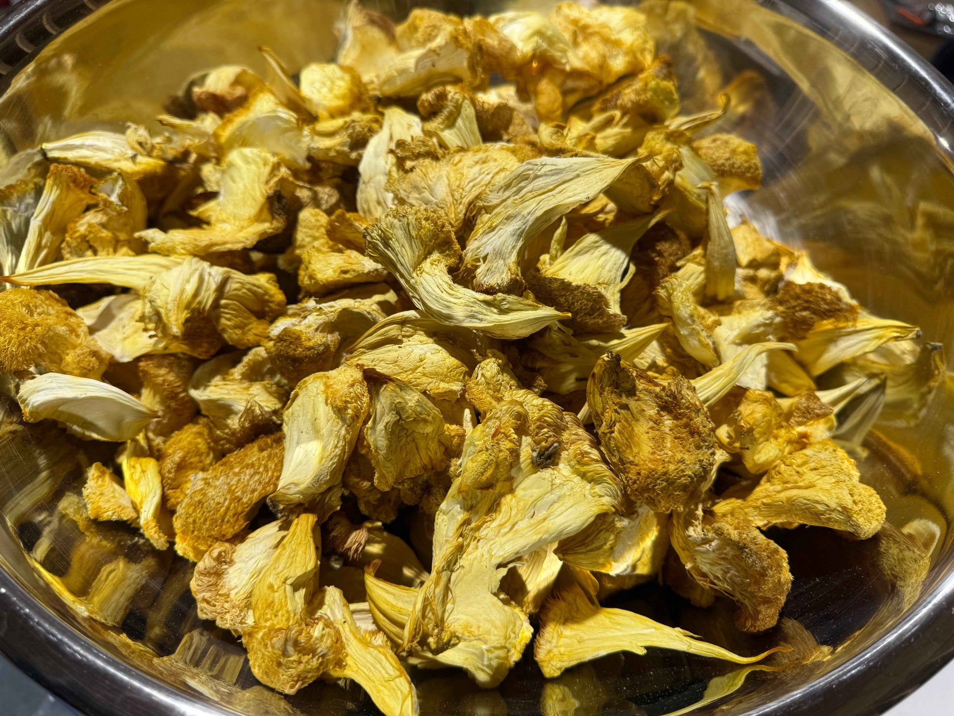 Dry mushrooms in a metal bowl