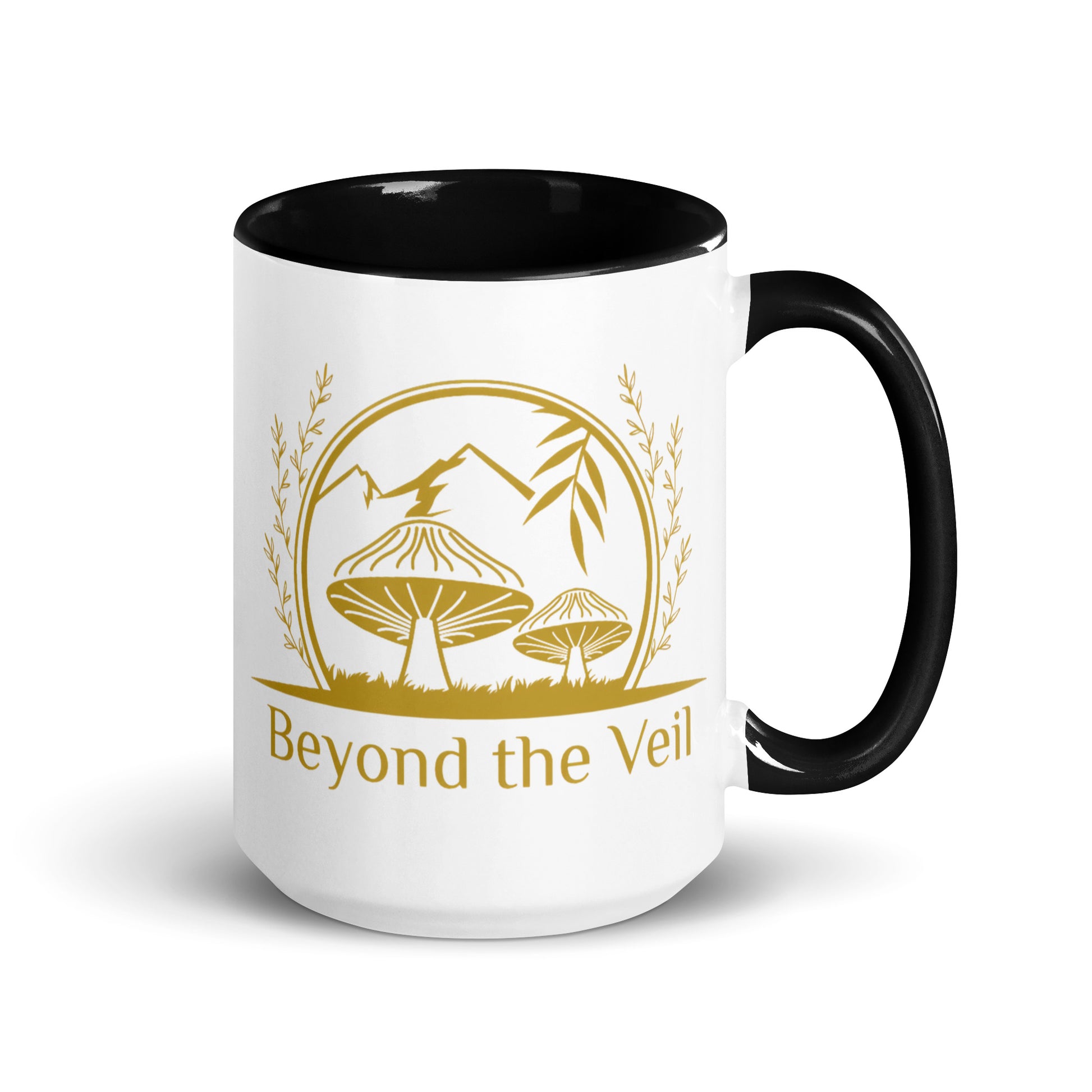 White mug with black interior and handle, featuring a gold logo and text 'Beyond the Veil' on a white background.