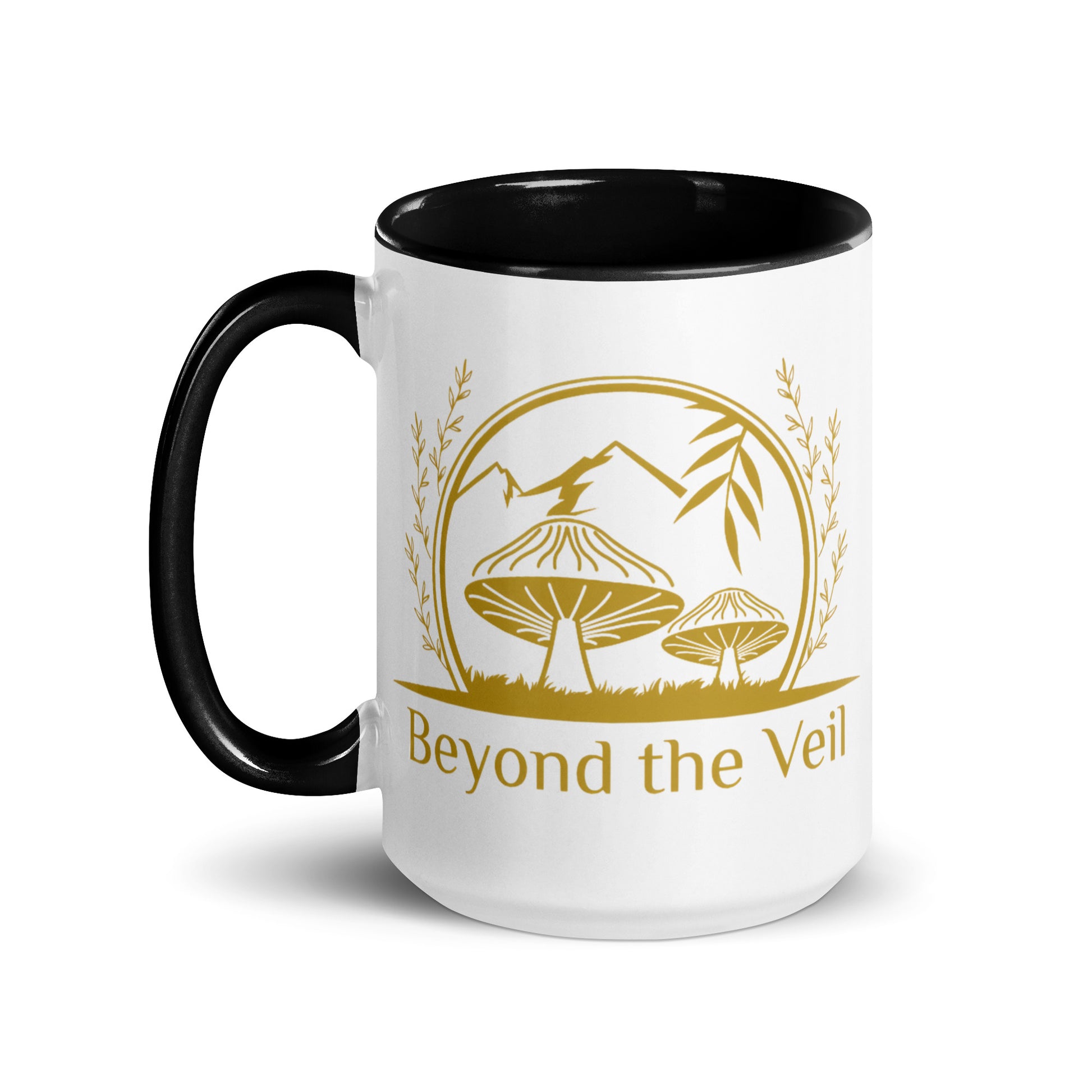 White mug with black interior and handle, featuring a gold logo and text 'Beyond the Veil' on a white background.
