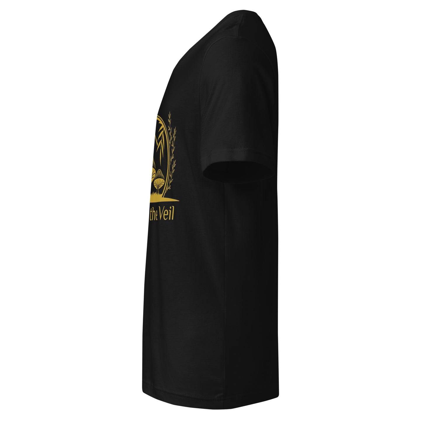Black t-shirt with gold logo and text on a white background