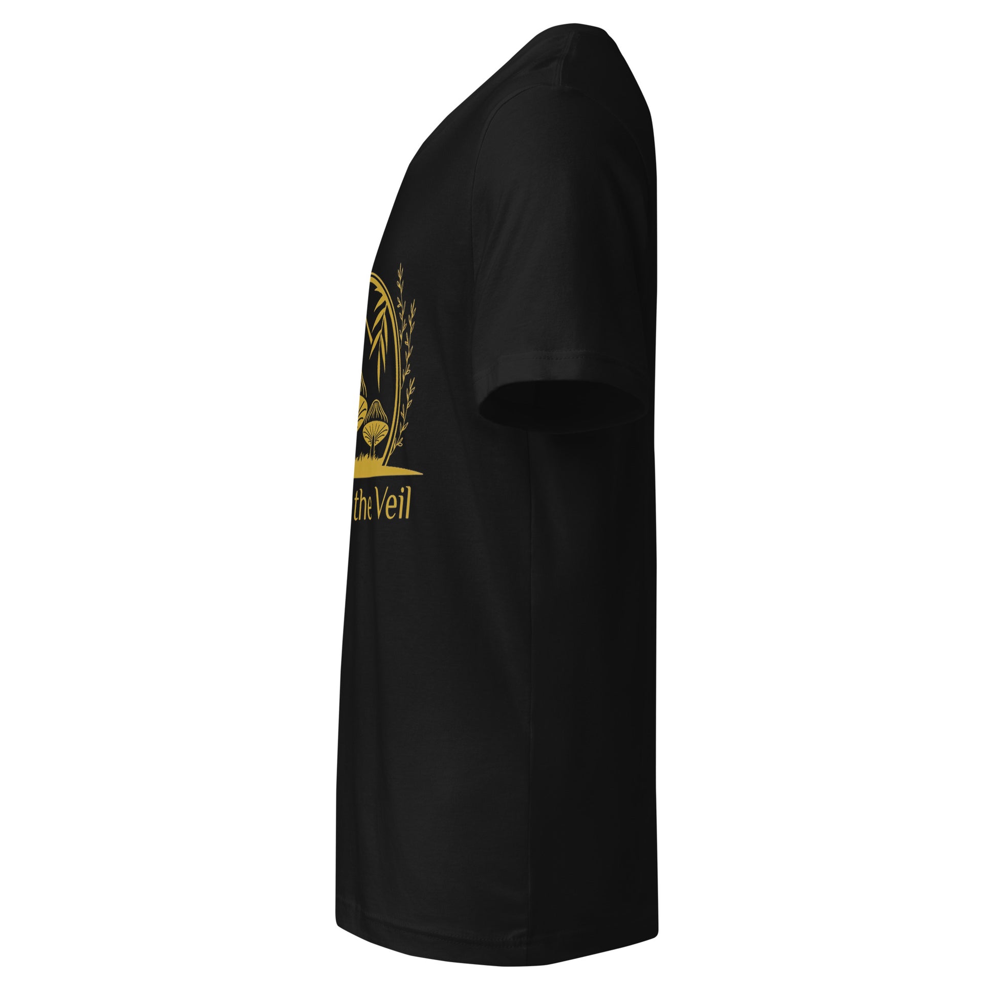 Black t-shirt with gold logo and text on a white background
