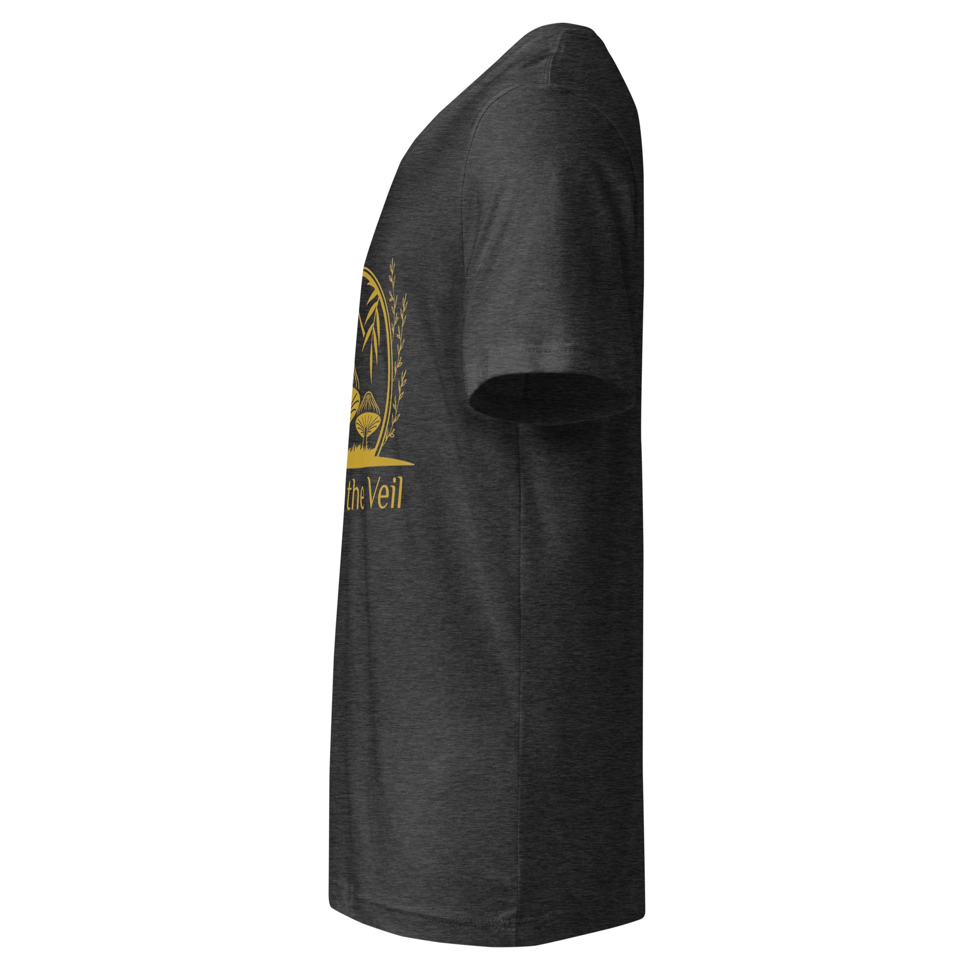 Black t-shirt with a gold logo and text on a white background