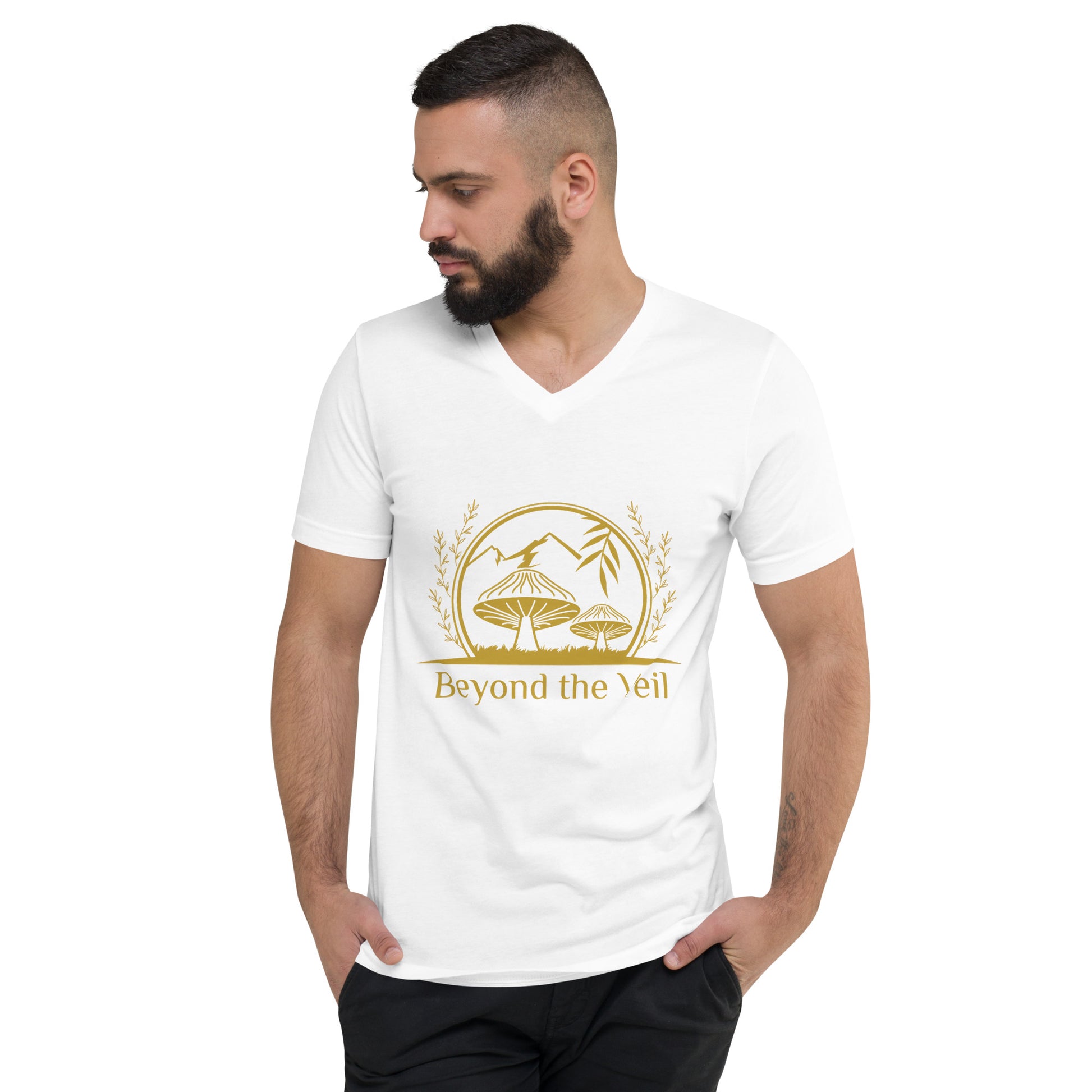 Man wearing a white t-shirt with a gold graphic and text on a white background