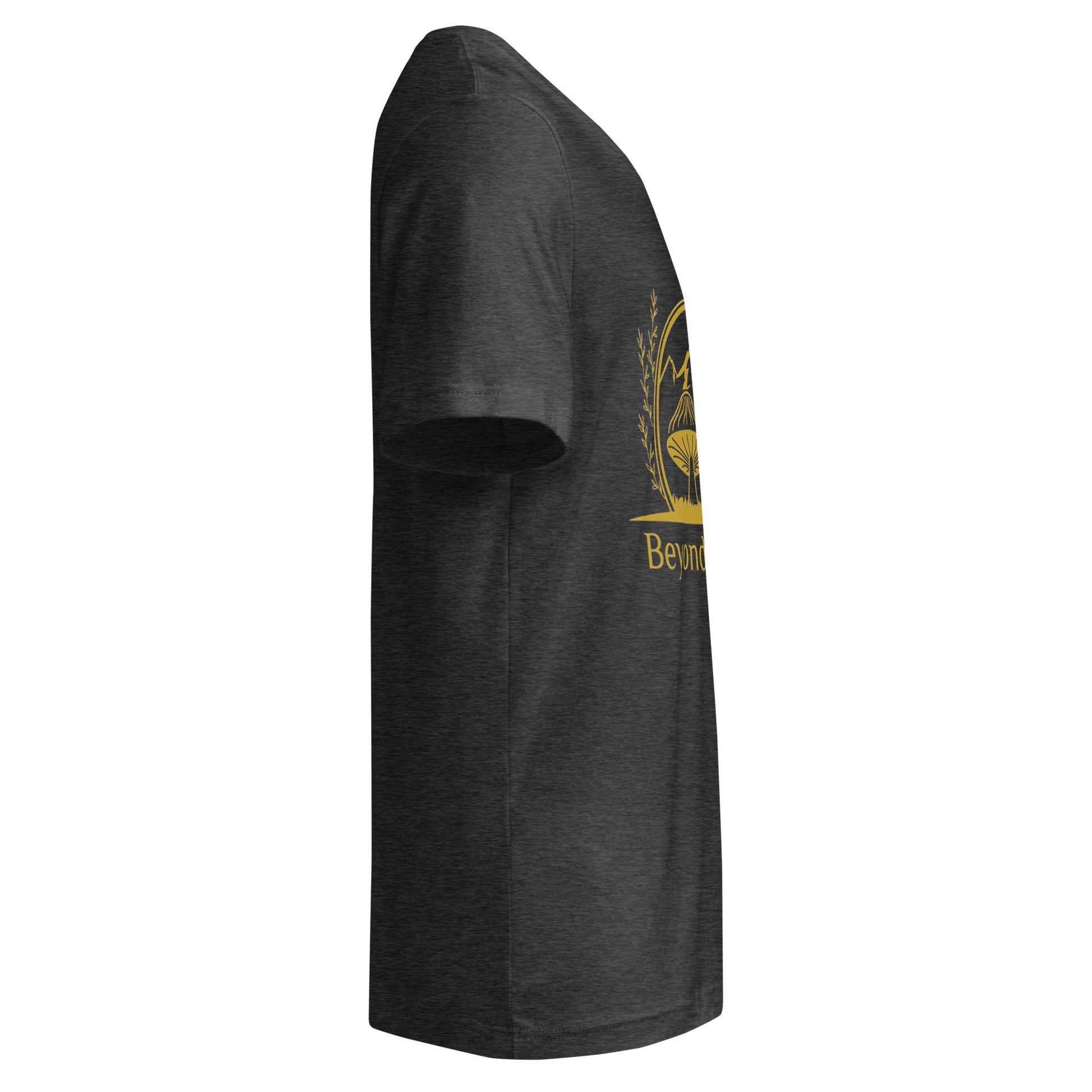 Black t-shirt with a gold logo on a white background
