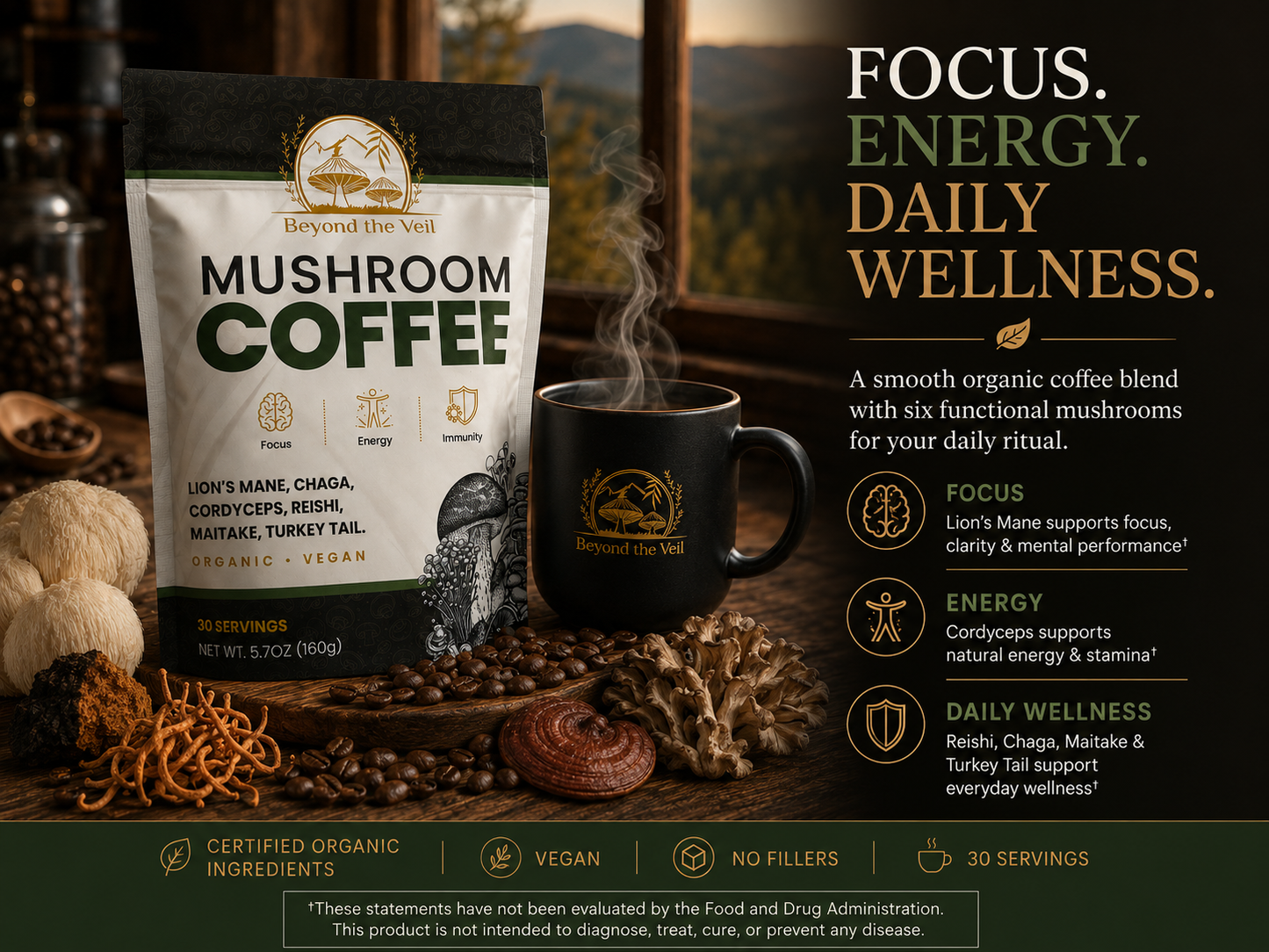 Mushroom coffee package with a steaming mug on a wooden table, surrounded by natural elements.