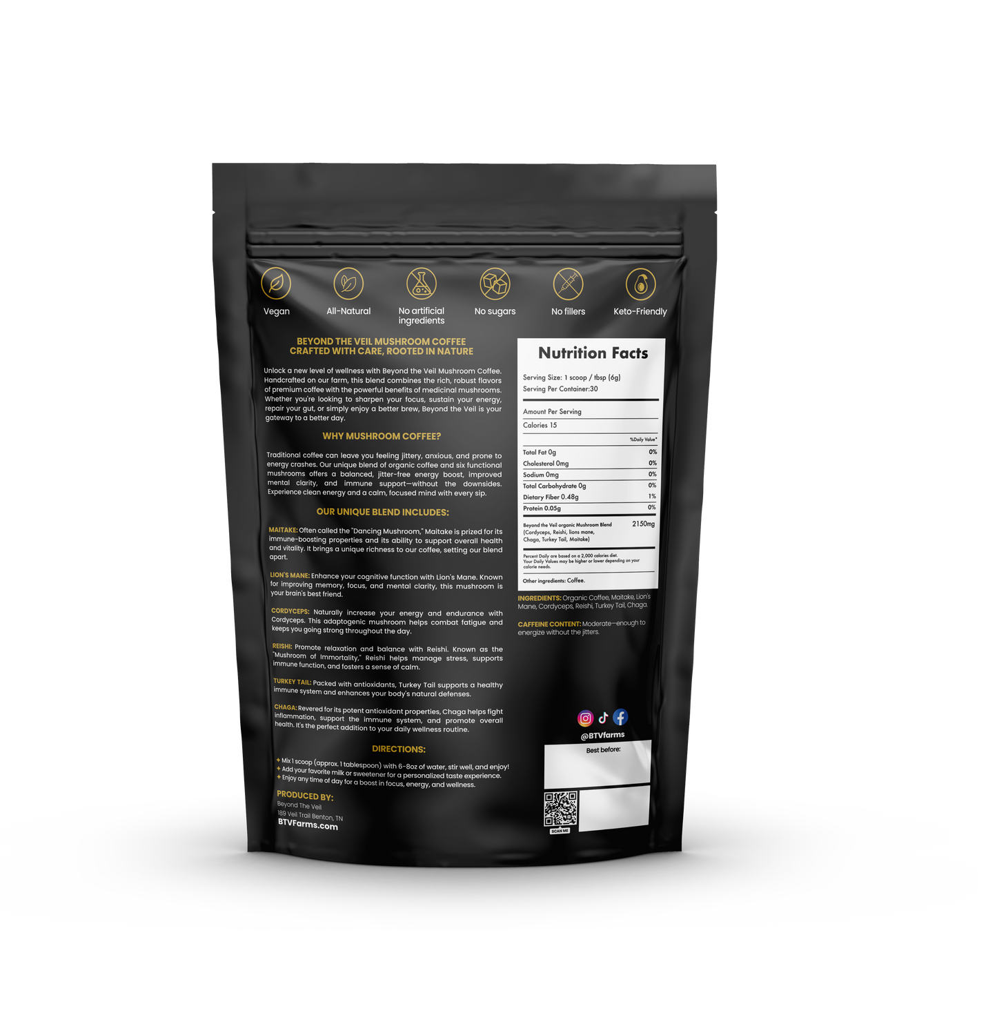 Back of the mushroom coffee bag containing the nutrition facts