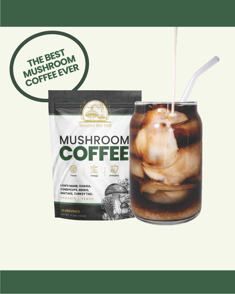 Mushroom coffee package with a glass of iced coffee on a green background