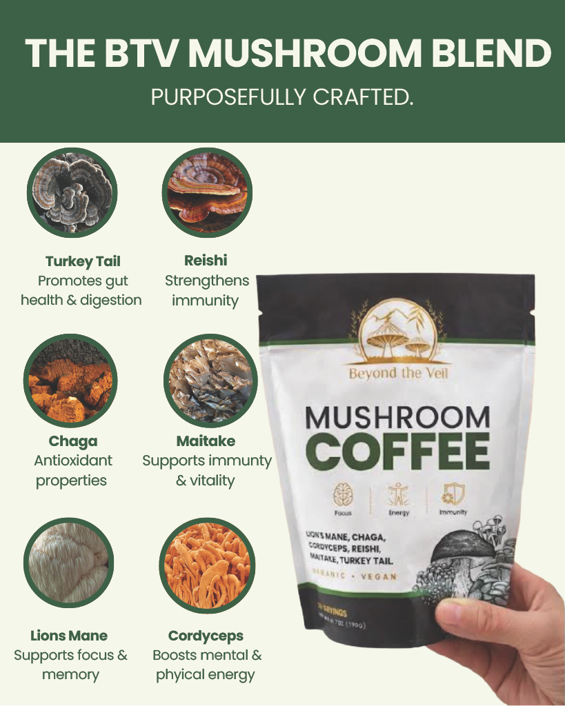 Mushroom coffee package with ingredients listed on a white background