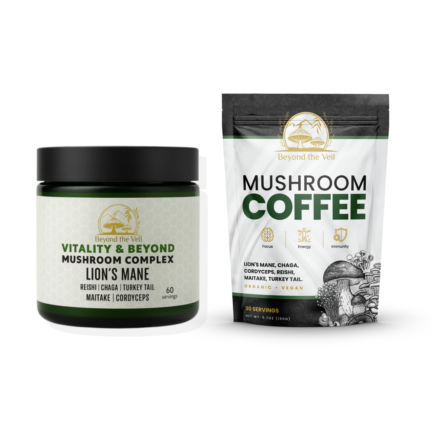 Mushroom coffee jar and package on a white background