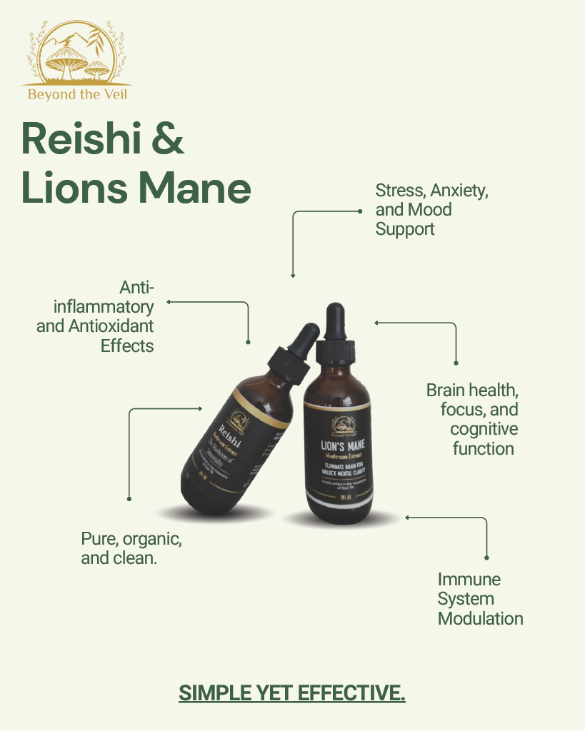 Two bottles of Reishi & Lions Mane supplement with text on benefits on a white background.