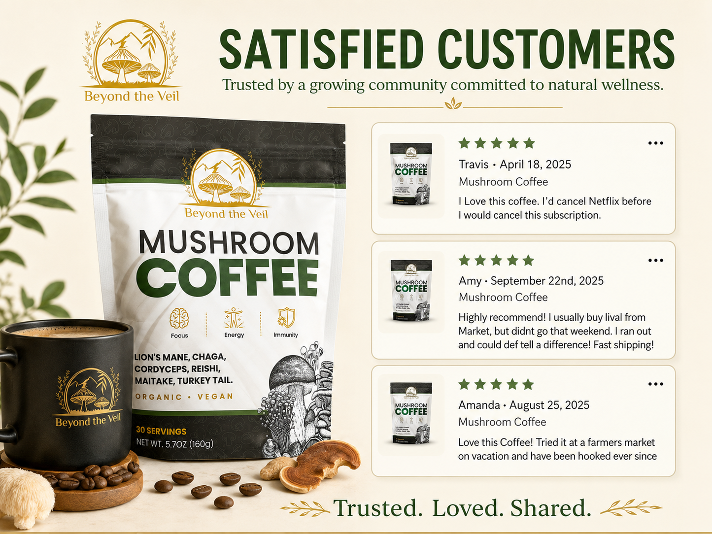 Mushroom coffee package with a mug and coffee beans, featuring customer reviews on a light background.