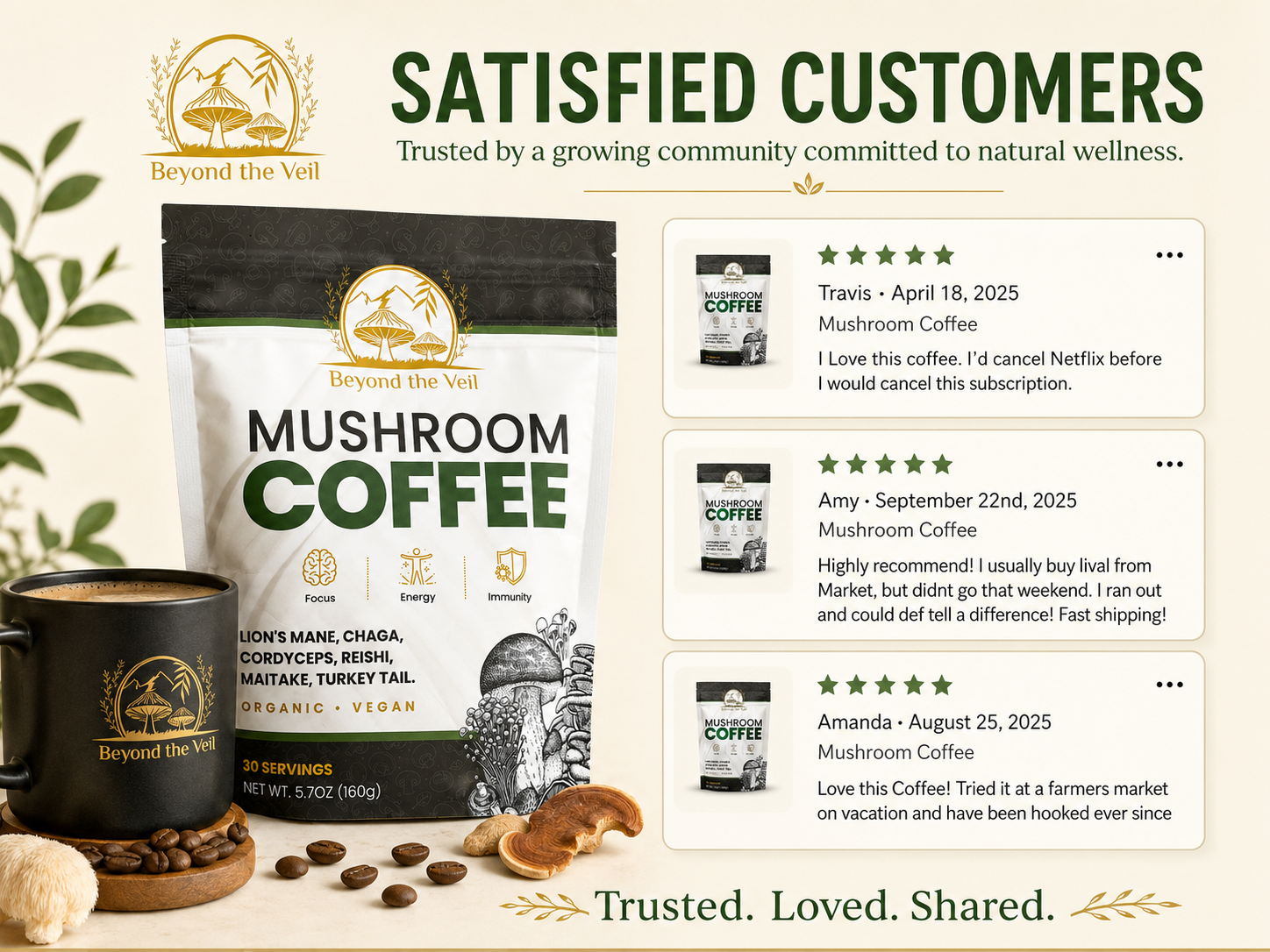 Mushroom coffee package with a mug and coffee beans, featuring customer reviews on a light background.