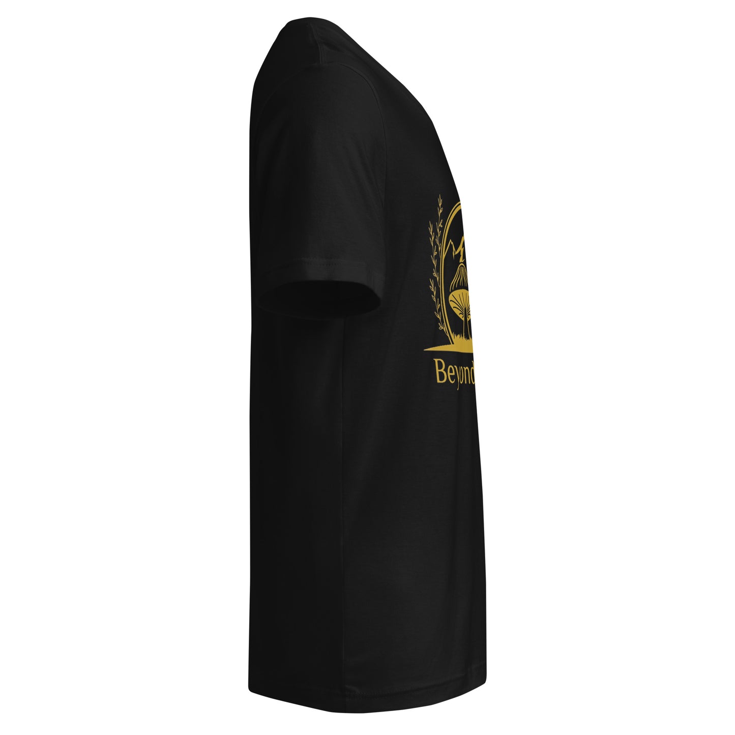 Black t-shirt with gold logo and text on a white background