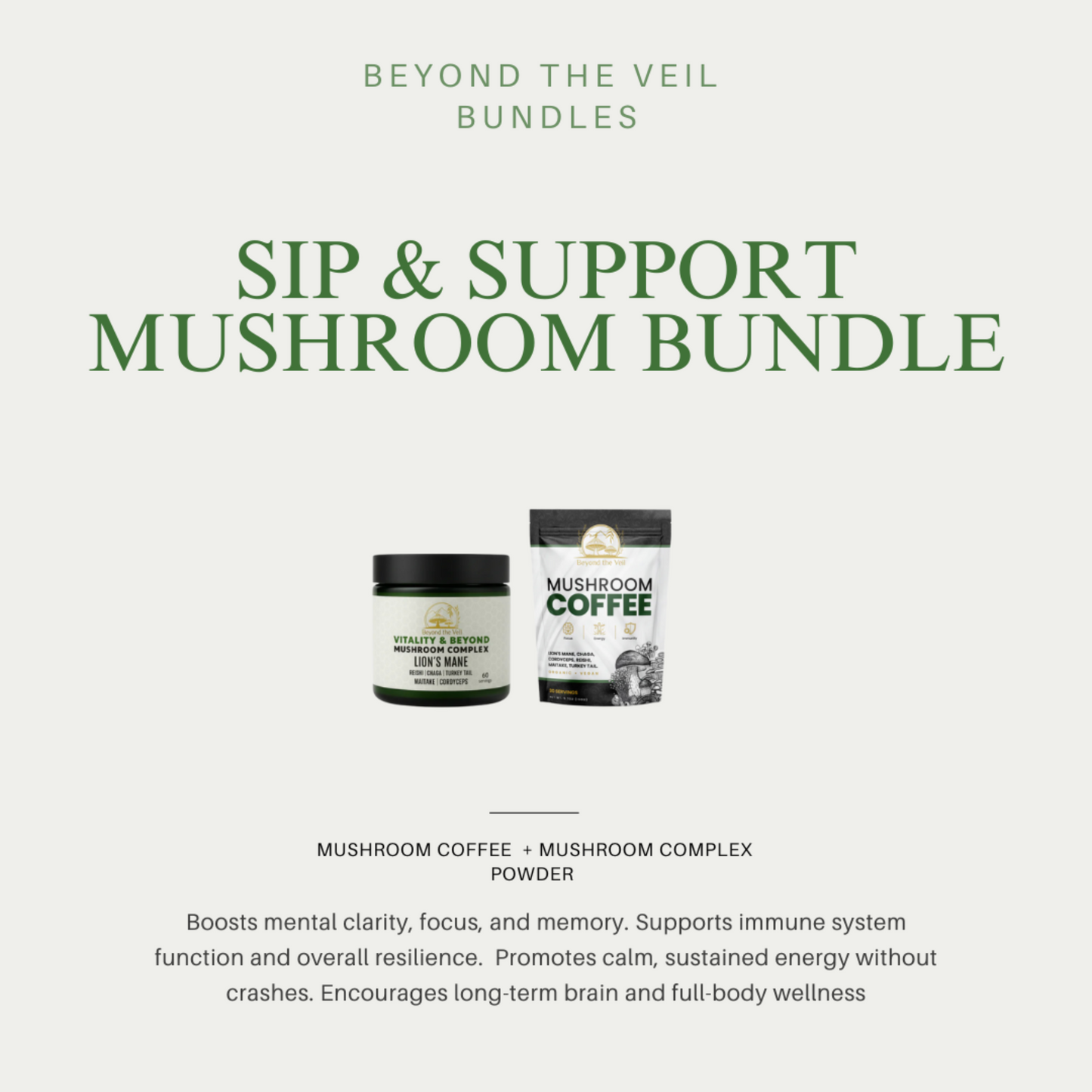 Mushroom coffee and powder with 'Beyond the Veil' branding on a white background.