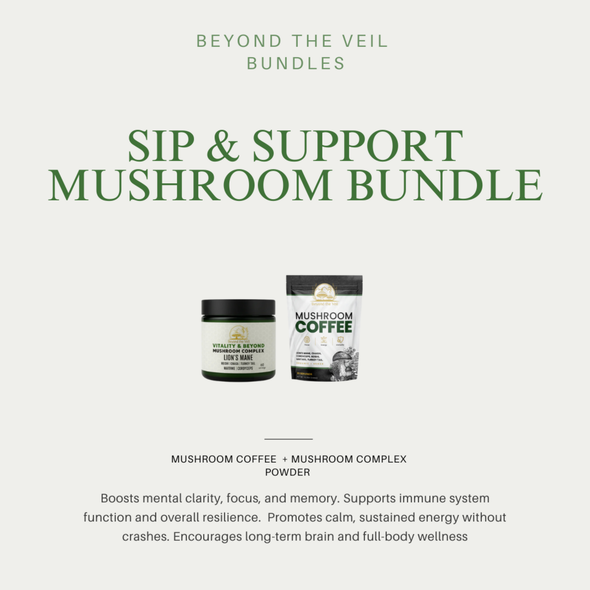 Mushroom coffee and powder with 'Beyond the Veil' branding on a white background.