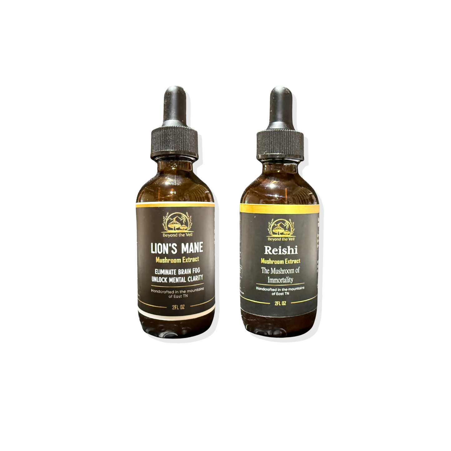 Two bottles of Lion's Mane and Reishi mushroom extracts on a white background