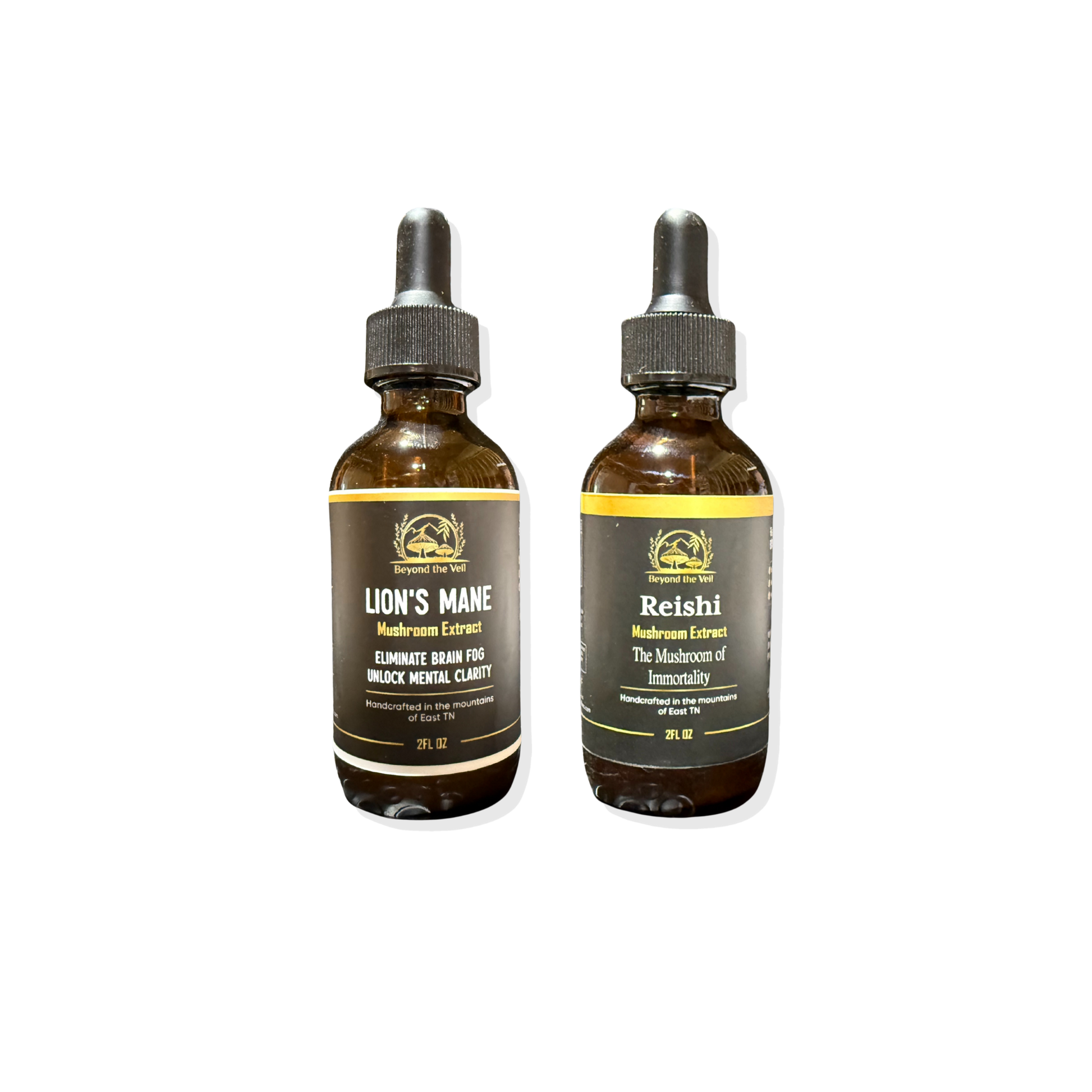 Two bottles of Lion's Mane and Reishi mushroom extracts on a white background