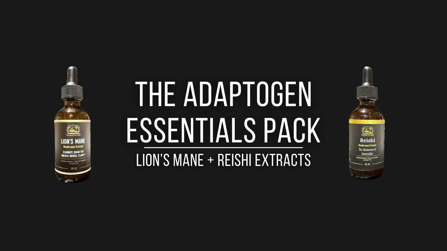 Two bottles of adaptogen extracts with text on a black background