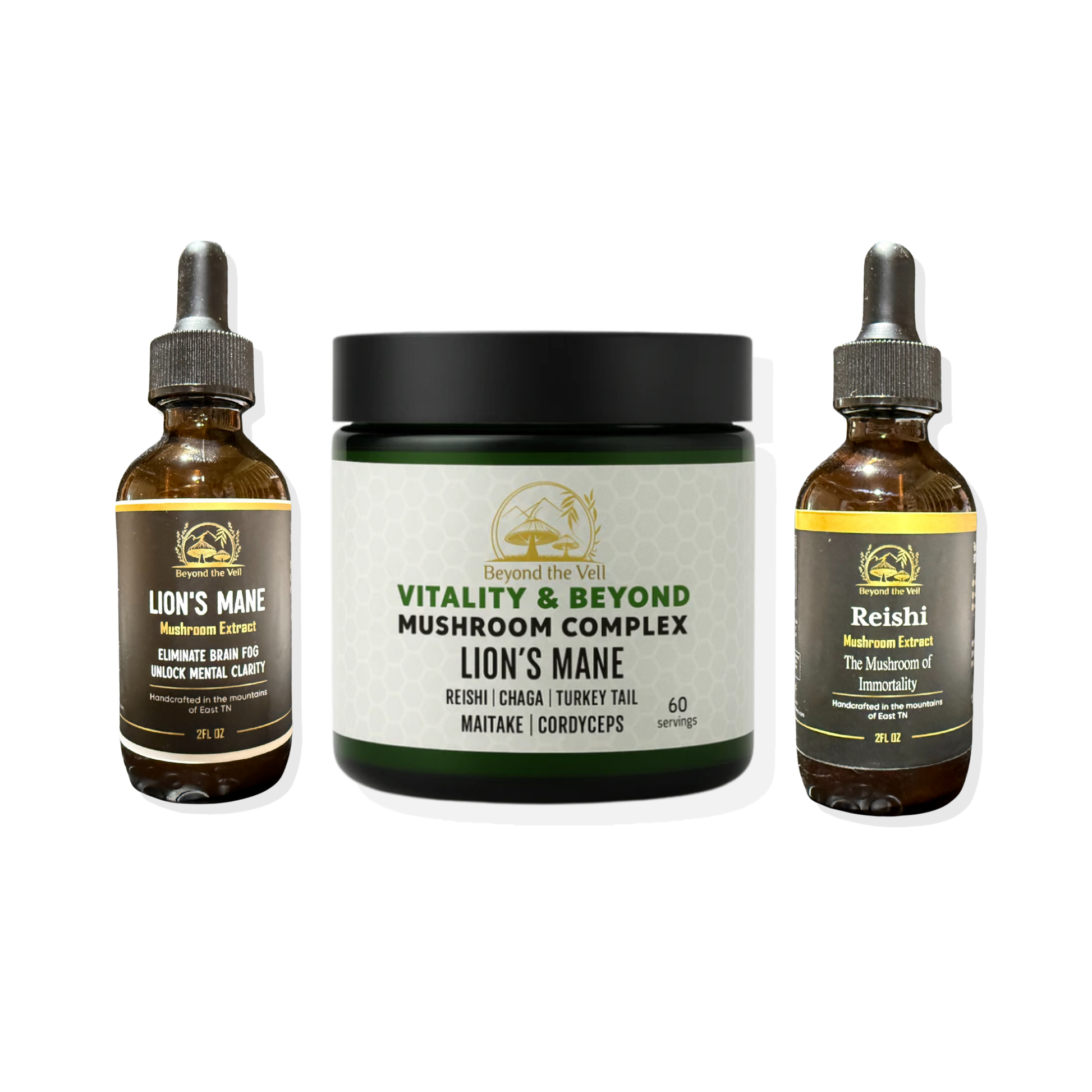 Three mushroom supplement products on a white background