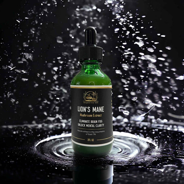 Bottle of Lion's Mane Mushroom Extract on a dark background with water droplets.