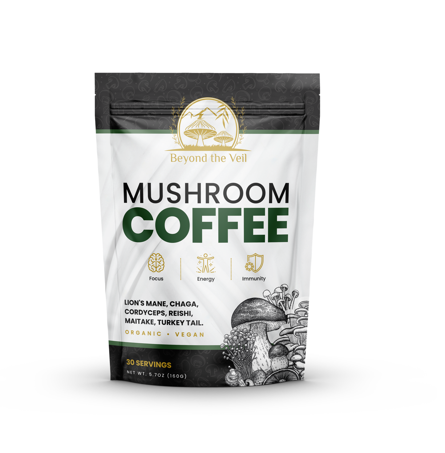 A packaged bag of Beyond the Veil Mushroom Coffee featuring mushrooms and product information on the label.