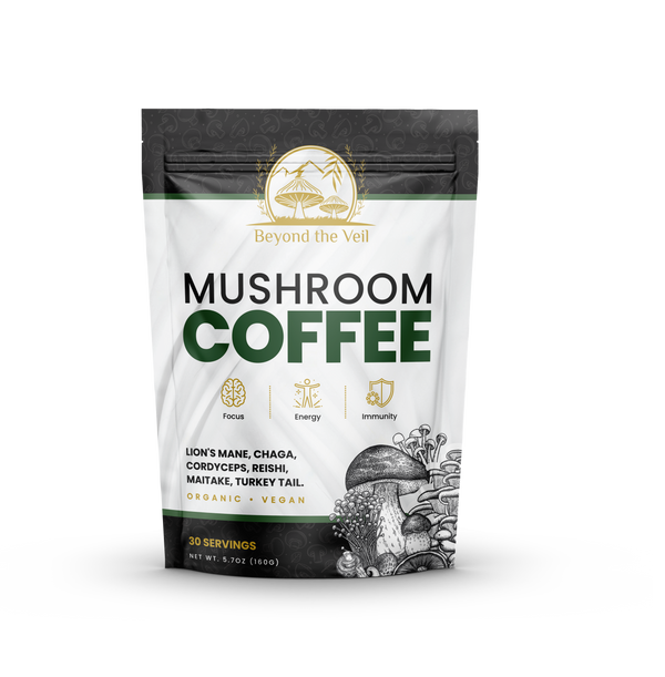 A packaged bag of Beyond the Veil Mushroom Coffee featuring mushrooms and product information on the label.