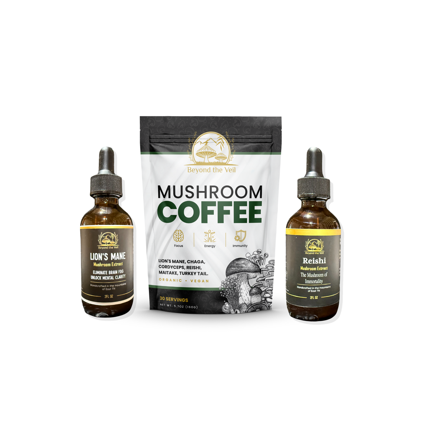 Two tincture bottles and a package of 'Mushroom Coffee' on a white background