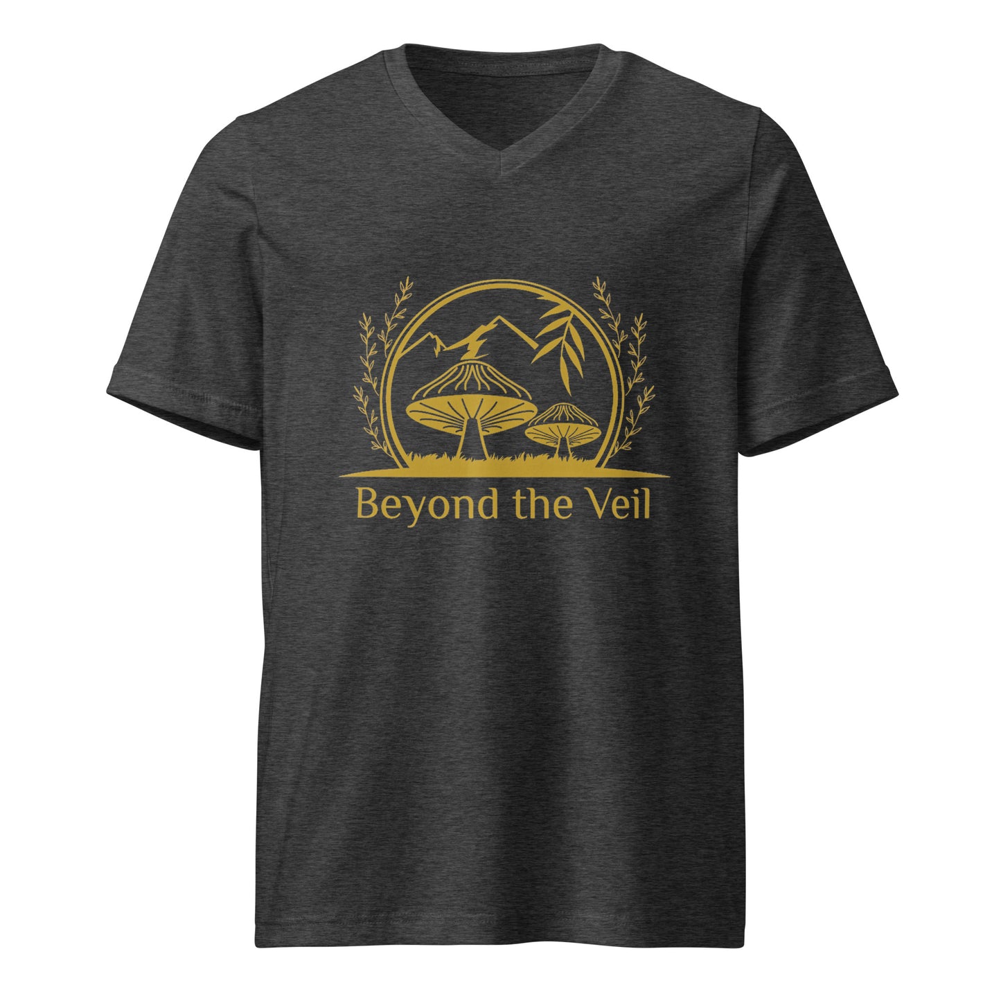 Black t-shirt with gold graphic and 'Beyond the Veil' text on a white background