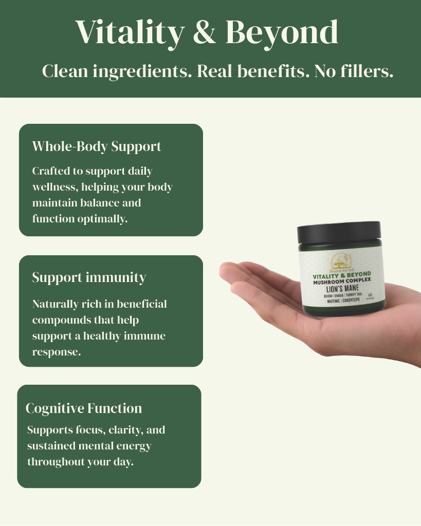 Product packaging with text highlighting 'Vitality & Beyond' benefits on a green and white background.