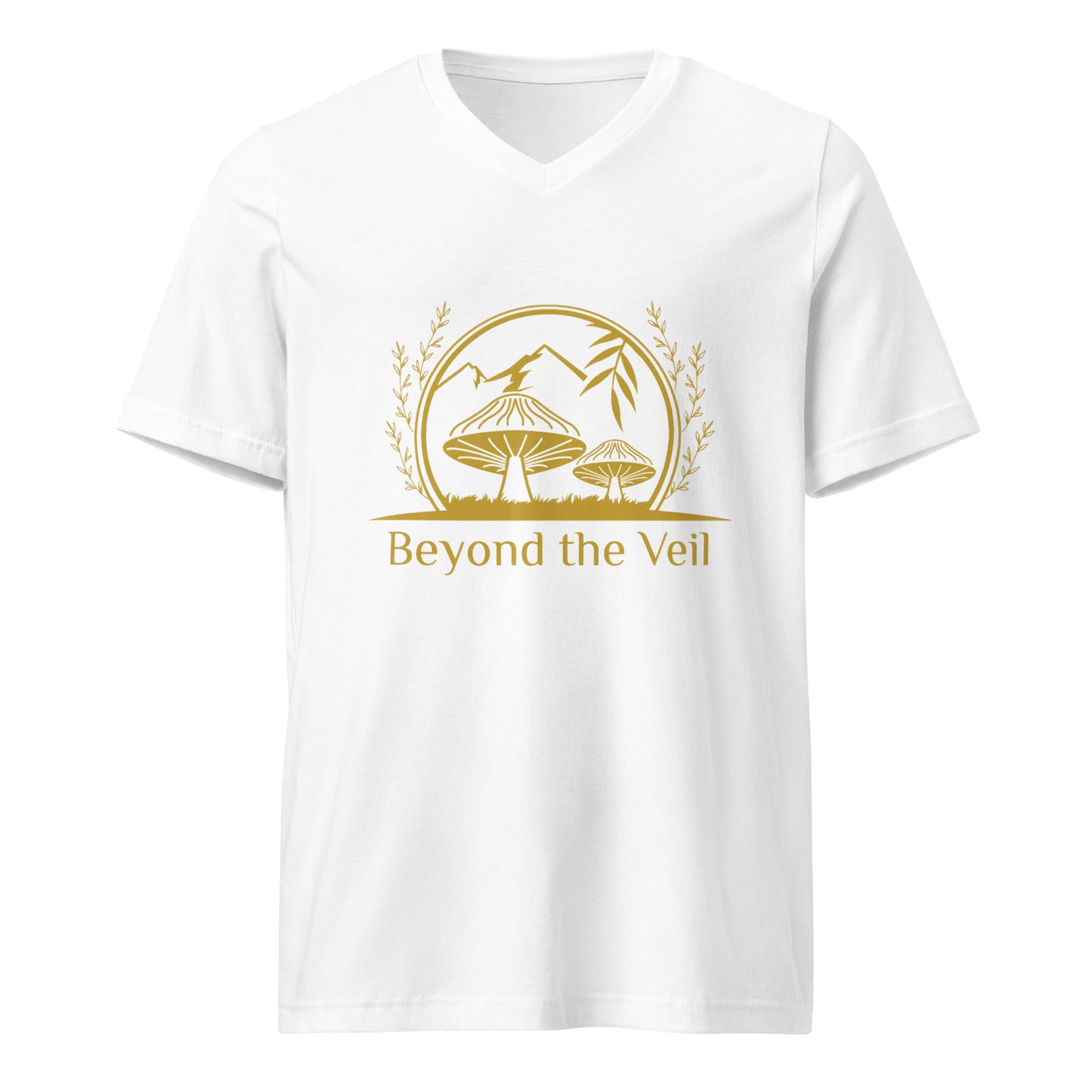White t-shirt with gold graphic and 'Beyond the Veil' text on a white background