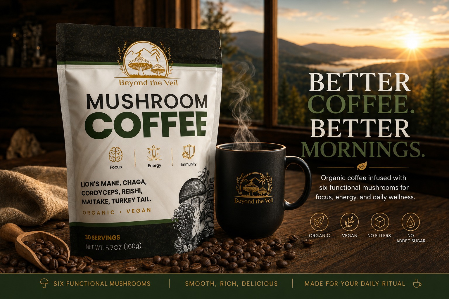 Mushroom coffee package with a steaming mug on a wooden surface, sunset in the background