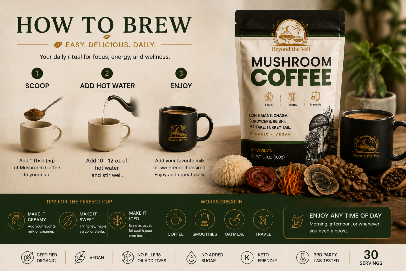 Mushroom coffee package with brewing instructions and product details on a wooden surface.