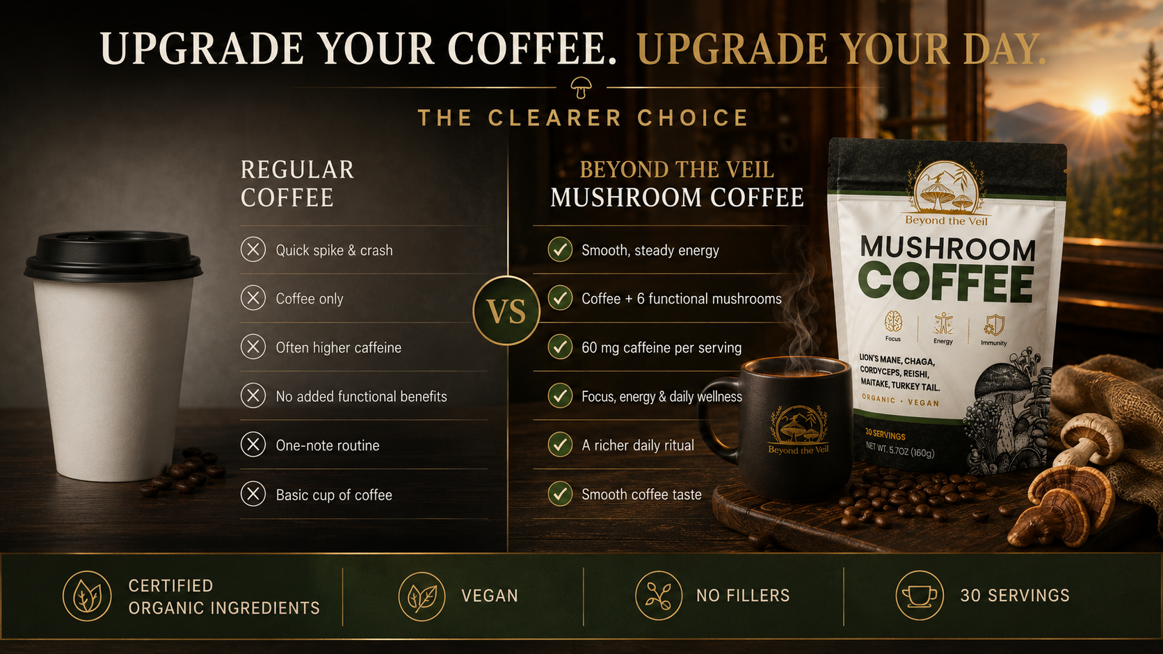Mushroom coffee packaging with a comparison chart and scenic background