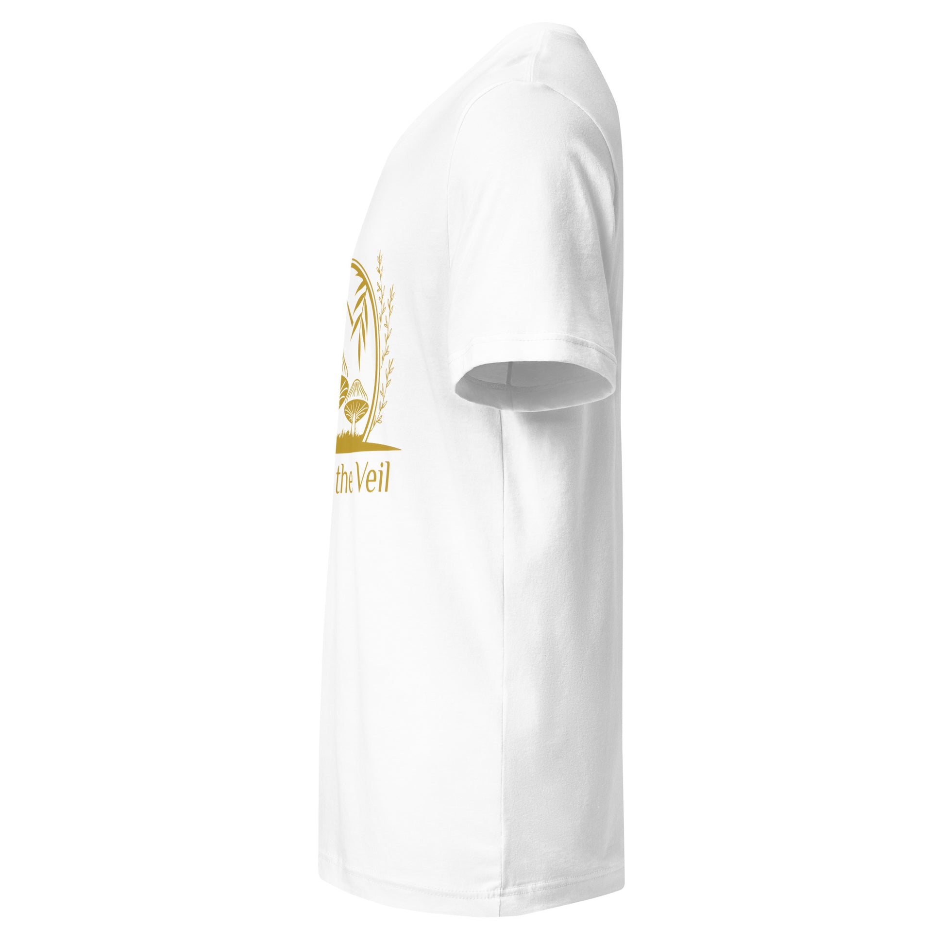 White t-shirt with a gold logo on a white background